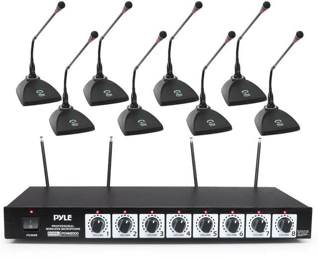 Main image of 8 Channel Wireless Microphone System - Portable VHF Cordless Audio Mic Set with 1/4" and XLR Output, Dual Antenna, - Includes 8 Table Top Mics, Rack Mountable Receiver Base - PDWM8300,Black