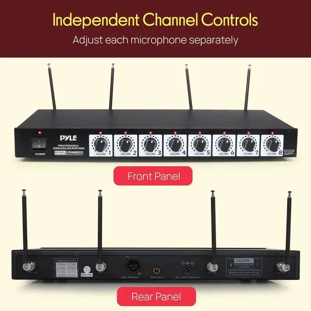 Alt view image 2 of 7 - 8 Channel Wireless Microphone System - Portable VHF Cordless Audio Mic Set with 1/4" and XLR Output, Dual Antenna, - Includes 8 Table Top Mics, Rack Mountable Receiver Base - PDWM8300,Black