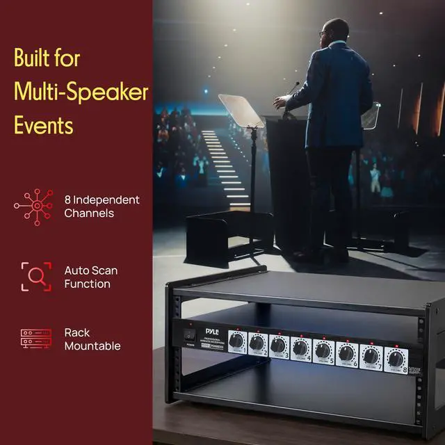 Alt view image 3 of 7 - 8 Channel Wireless Microphone System - Portable VHF Cordless Audio Mic Set with 1/4" and XLR Output, Dual Antenna, - Includes 8 Table Top Mics, Rack Mountable Receiver Base - PDWM8300,Black