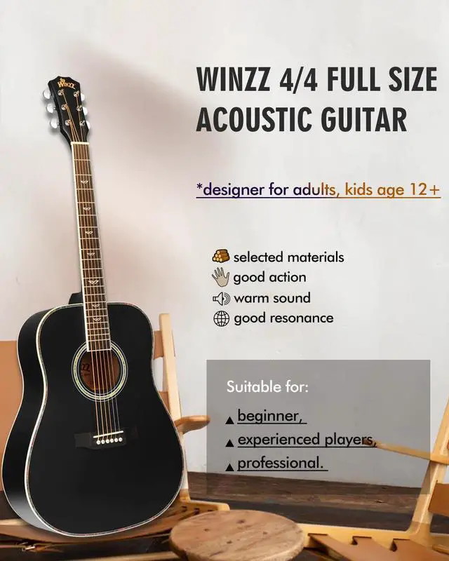Alt view image 3 of 7 - Acoustic Guitars Full Size, 4/4 Folk Guitar for Beginners Adults, Acoustic Steel-string Guitar Black (41 Inches