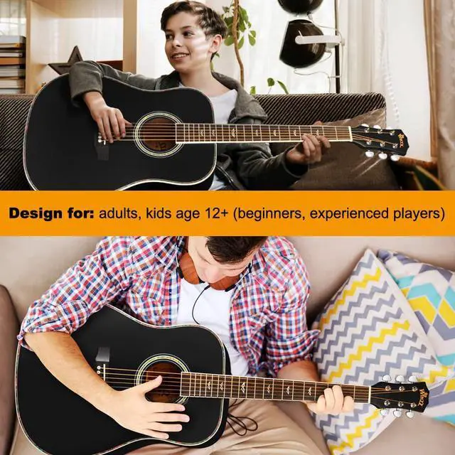 Alt view image 7 of 7 - Acoustic Guitars Full Size, 4/4 Folk Guitar for Beginners Adults, Acoustic Steel-string Guitar Black (41 Inches