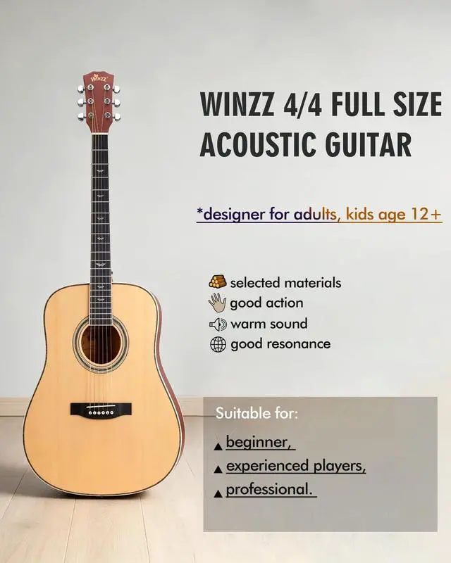 Alt view image 3 of 6 - Acoustic Guitars Full Size, 4/4 Folk Guitar for Beginners Adults, Acoustic Steel-string Guitar (natural)