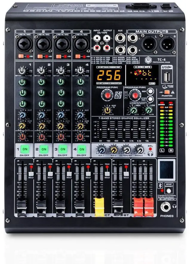 Main image of 4 Channel Audio Mixer with Bluetooth, USB MP3 Player, 48V Phantom Power for Studio Recording, Live Performance, Karaoke, Podcast