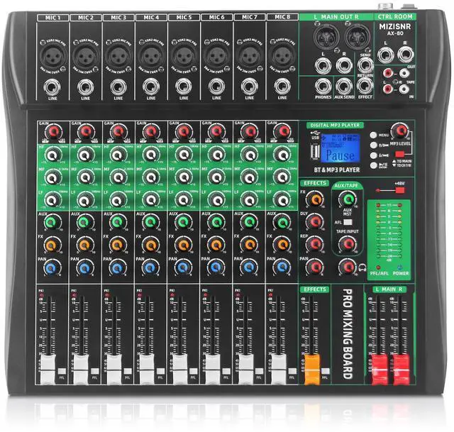 Main image of 8 Channel Audio Mixer, Professional DJ Mixer Board Sound Music Mixing Console Digital Mixer with Reverb, Bluetooth, USB Port, 48V Phantom Power for Recording Karaoke Podcasting