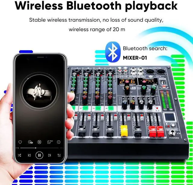 Alt view image 4 of 7 - 4 Channel Audio Mixer with Bluetooth, USB MP3 Player, 48V Phantom Power for Studio Recording, Live Performance, Karaoke, Podcast