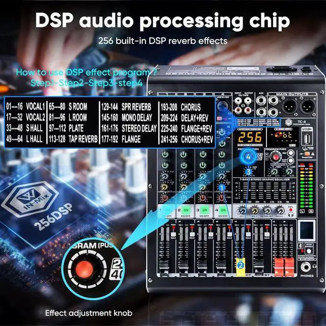 Alt view image 5 of 7 - 4 Channel Audio Mixer with Bluetooth, USB MP3 Player, 48V Phantom Power for Studio Recording, Live Performance, Karaoke, Podcast