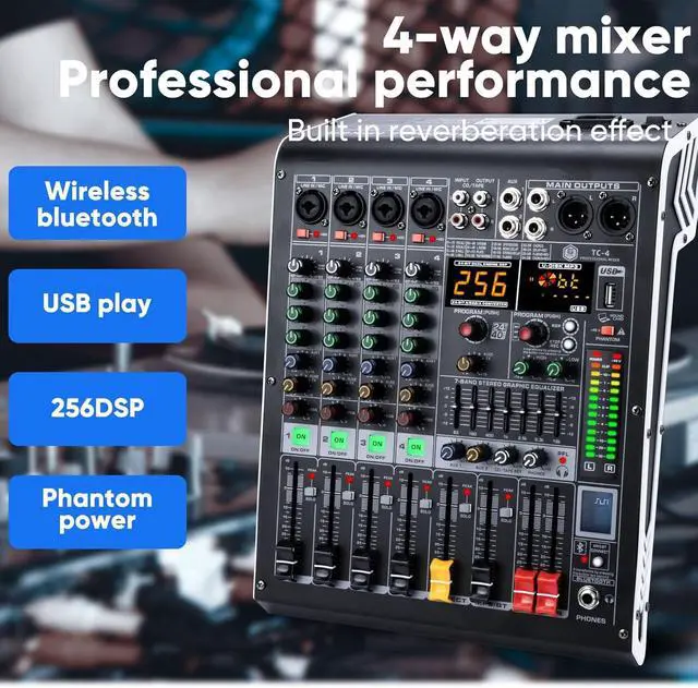 Alt view image 6 of 7 - 4 Channel Audio Mixer with Bluetooth, USB MP3 Player, 48V Phantom Power for Studio Recording, Live Performance, Karaoke, Podcast