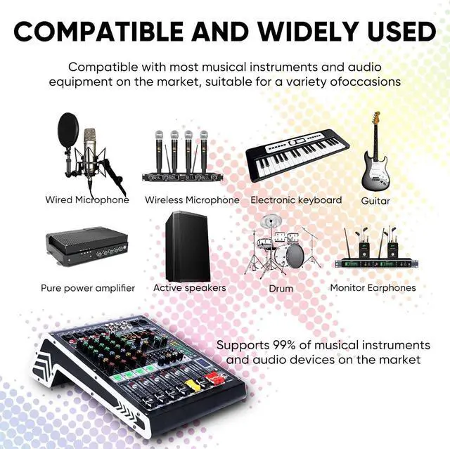 Alt view image 7 of 7 - 4 Channel Audio Mixer with Bluetooth, USB MP3 Player, 48V Phantom Power for Studio Recording, Live Performance, Karaoke, Podcast