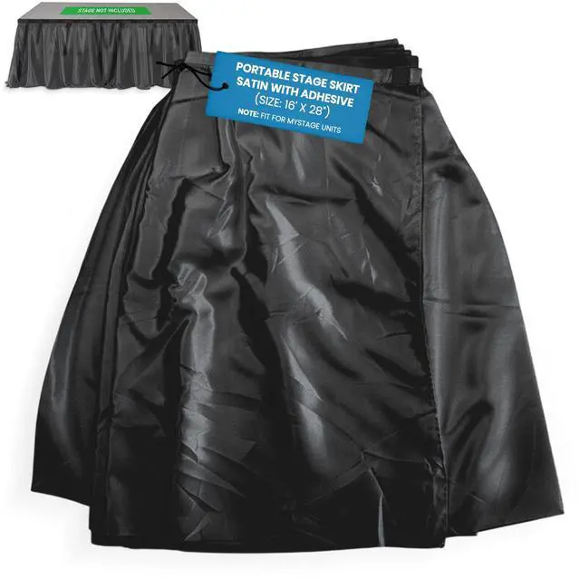 Main image of 16'x28" Stage Skirt, Satin with Adhesive, Black | For only. 16' x 28". Hook-and-loop adhesive attaches in seconds, conceals legs & under-stage gear