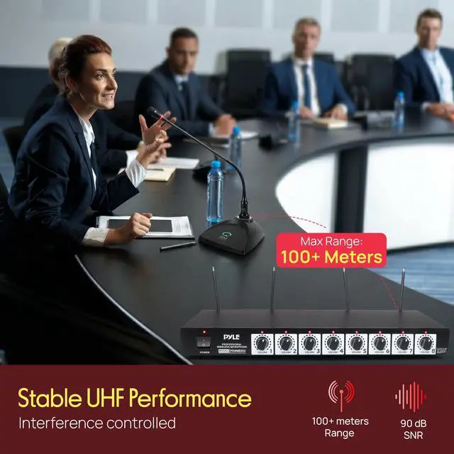 Alt view image 5 of 7 - 8 Channel Wireless Microphone System - Portable VHF Cordless Audio Mic Set with 1/4" and XLR Output, Dual Antenna, - Includes 8 Table Top Mics, Rack Mountable Receiver Base - PDWM8300,Black