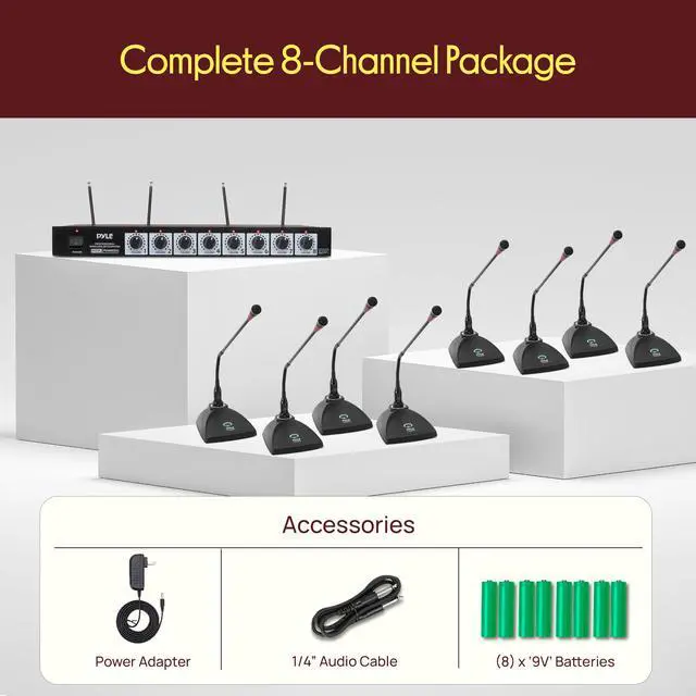 Alt view image 7 of 7 - 8 Channel Wireless Microphone System - Portable VHF Cordless Audio Mic Set with 1/4" and XLR Output, Dual Antenna, - Includes 8 Table Top Mics, Rack Mountable Receiver Base - PDWM8300,Black