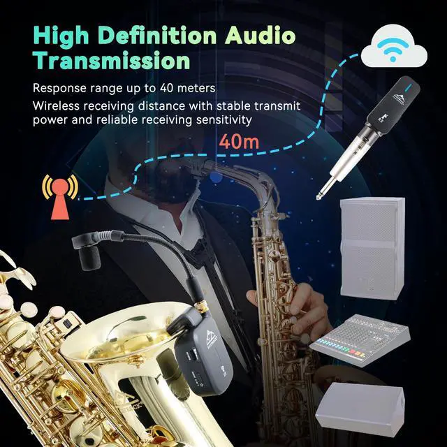 Alt view image 3 of 7 - Saxophone Wireless System,Coverage to 130 ft/40 m,2.4 GHz Sax Microphone Wireless Receiver Transmitter Charging Case,Suitable for Recording/Monitor Headphones/Live/Reverb Control