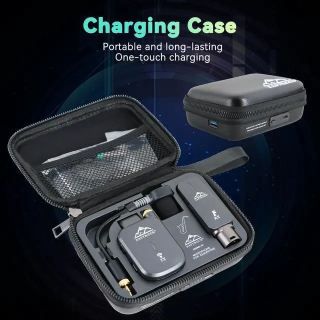 Alt view image 5 of 7 - Saxophone Wireless System,Coverage to 130 ft/40 m,2.4 GHz Sax Microphone Wireless Receiver Transmitter Charging Case,Suitable for Recording/Monitor Headphones/Live/Reverb Control