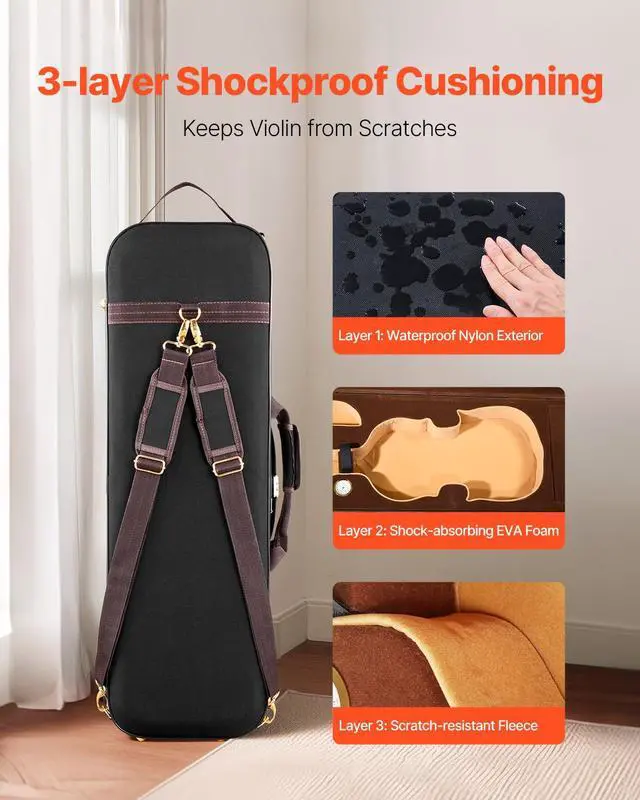 Alt view image 2 of 7 - 4/4 Full Size Violin Case, Built-in Hygrometer, Lightweight Portable Travel Carrying Bag, with Plush Lining, Shoulder Straps, Anti-Scratch, Professional Oblong Shape, for Violin, Black
