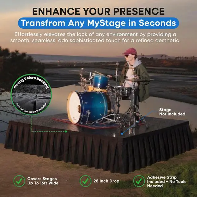Alt view image 2 of 7 - 16'x28" Stage Skirt, Satin with Adhesive, Black | For only. 16' x 28". Hook-and-loop adhesive attaches in seconds, conceals legs & under-stage gear