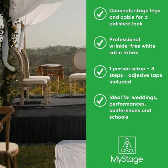 Alt view image 3 of 7 - 16'x28" Stage Skirt, Satin with Adhesive, Black | For only. 16' x 28". Hook-and-loop adhesive attaches in seconds, conceals legs & under-stage gear