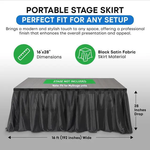 Alt view image 4 of 7 - 16'x28" Stage Skirt, Satin with Adhesive, Black | For only. 16' x 28". Hook-and-loop adhesive attaches in seconds, conceals legs & under-stage gear