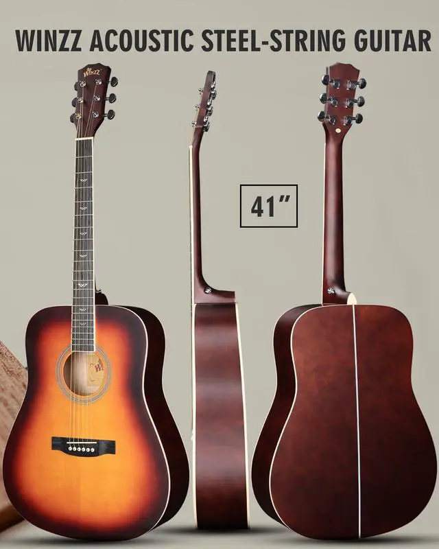 Alt view image 2 of 7 - Acoustic Guitars Full Size, 4/4 Folk Guitar for Beginners Adults, Acoustic Steel-string Guitar Matte Dark Sunburst (41 Inches