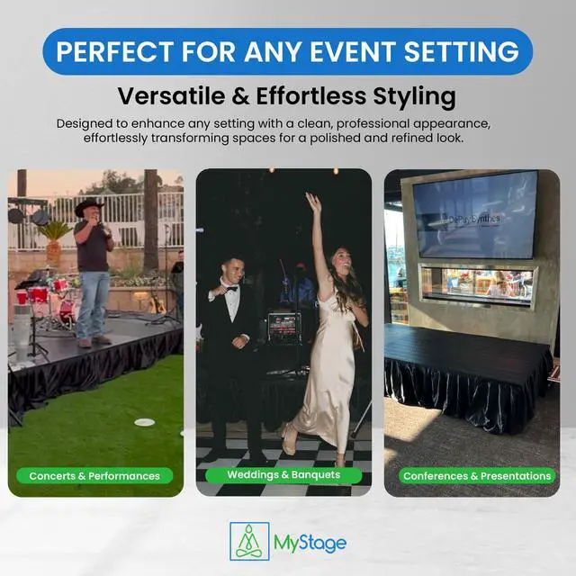 Alt view image 5 of 7 - 16'x28" Stage Skirt, Satin with Adhesive, Black | For only. 16' x 28". Hook-and-loop adhesive attaches in seconds, conceals legs & under-stage gear