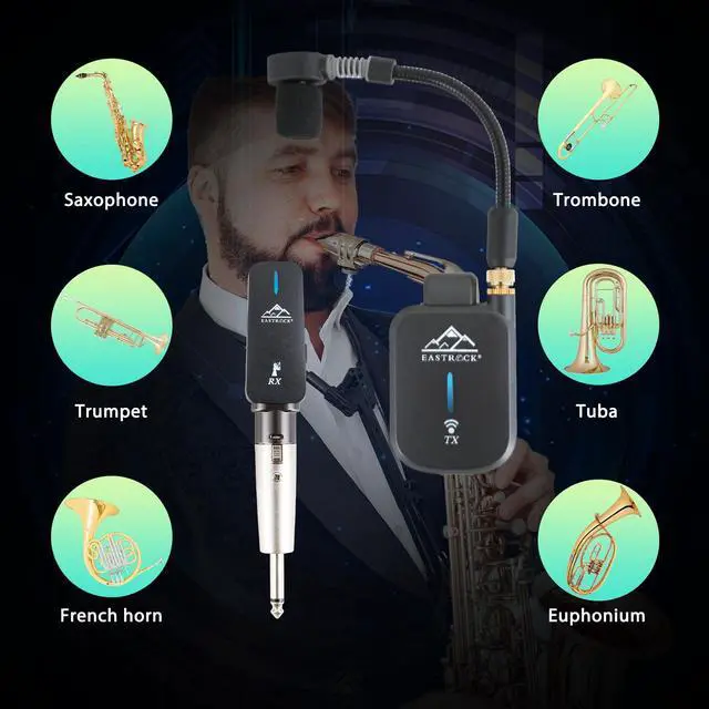 Alt view image 6 of 7 - Saxophone Wireless System,Coverage to 130 ft/40 m,2.4 GHz Sax Microphone Wireless Receiver Transmitter Charging Case,Suitable for Recording/Monitor Headphones/Live/Reverb Control