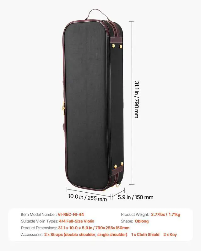 Alt view image 7 of 7 - 4/4 Full Size Violin Case, Built-in Hygrometer, Lightweight Portable Travel Carrying Bag, with Plush Lining, Shoulder Straps, Anti-Scratch, Professional Oblong Shape, for Violin, Black