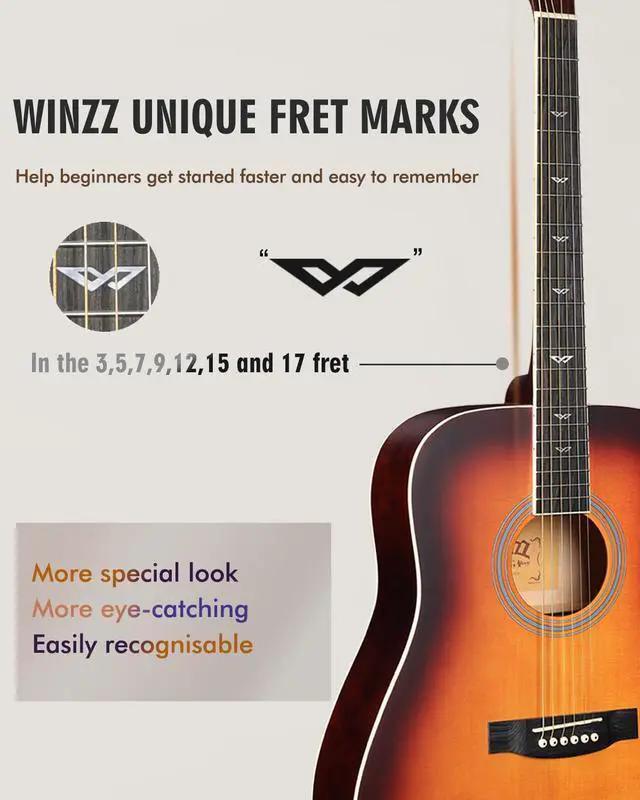 Alt view image 4 of 7 - Acoustic Guitars Full Size, 4/4 Folk Guitar for Beginners Adults, Acoustic Steel-string Guitar Matte Dark Sunburst (41 Inches