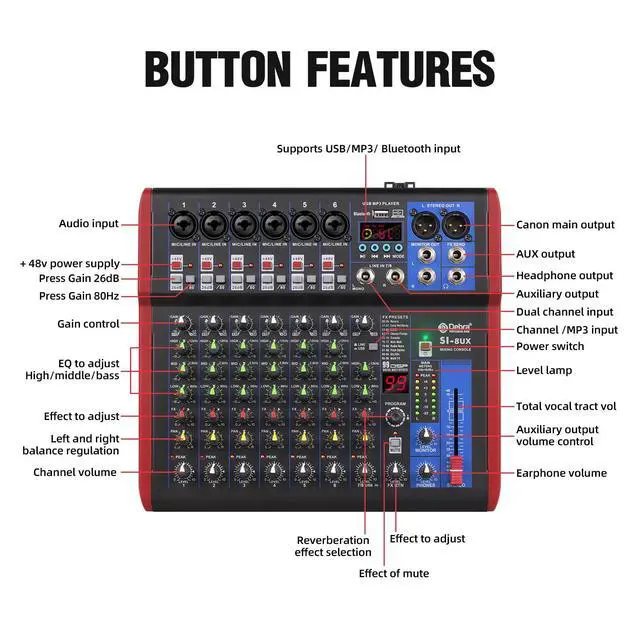 Alt view image 3 of 7 - SI Series Professional Portable Recording Mixer Audio with 99 DSP Digital Effects Mic Preamps and USB for DJ Mixer Console Karaoke Home Recording Studio (SI-8UX)