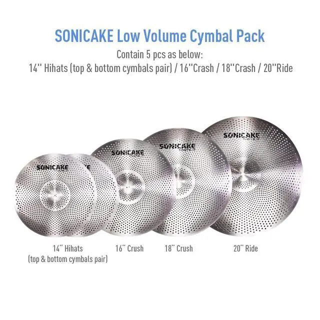 Alt view image 2 of 7 - Low Volume Cymbal Pack Quiet Cymbal Set 14"Hi-hats+16"Crash+18"Crash+20"Ride 5 Pcs Mute Drum Cymbal Set with Bag and Felts for Practice, Sliver