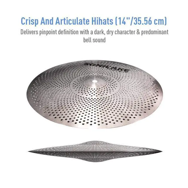 Alt view image 3 of 7 - Low Volume Cymbal Pack Quiet Cymbal Set 14"Hi-hats+16"Crash+18"Crash+20"Ride 5 Pcs Mute Drum Cymbal Set with Bag and Felts for Practice, Sliver