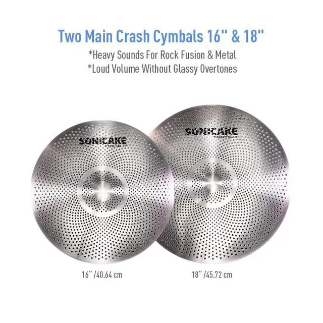Alt view image 4 of 7 - Low Volume Cymbal Pack Quiet Cymbal Set 14"Hi-hats+16"Crash+18"Crash+20"Ride 5 Pcs Mute Drum Cymbal Set with Bag and Felts for Practice, Sliver