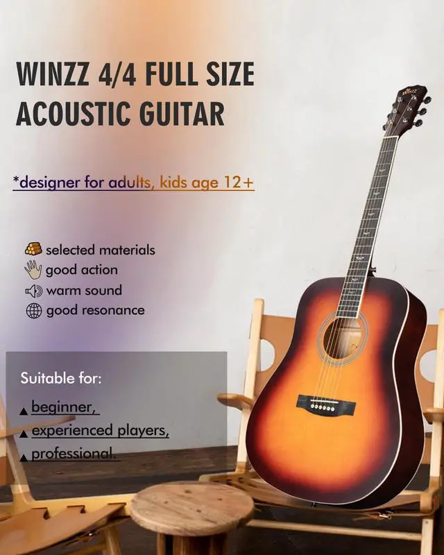 Alt view image 3 of 7 - Acoustic Guitars Full Size, 4/4 Folk Guitar for Beginners Adults, Acoustic Steel-string Guitar Matte Dark Sunburst (41 Inches