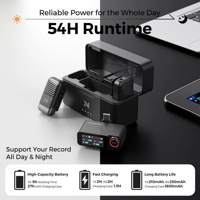 Alt view image 5 of 7 - AWM28T Wireless Lavalier Microphone for iPhone/Android/Camera/PC | Clip-On Wireless Lapel Mic with Mono/Stereo/Safety Track, AI Noise Cancelling, 48kHz/24-Bit, 54H Battery, 328ft Range