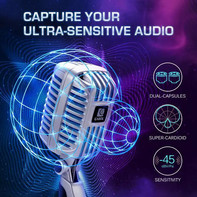 Alt view image 3 of 7 - CLM-101 Retro Wired Vocal Microphone, Dynamic Supercardioid - Blue | Retro wired microphone with dual capsules for singing, karaoke, and stage. Includes storage bag and switch