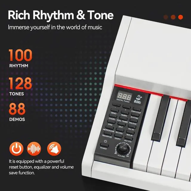 Alt view image 4 of 7 - Digital Piano 88 Key Weighted, Full Size Electric Keyboard Piano for Beginners, Portable Piano Keyboard with Sheet Music Stand, Sustain Pedal, Power Adapter, White (Keyboard Only)