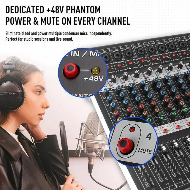 Alt view image 5 of 7 - 16-Channel Audio Mixer with 99 DSP, Professional Audio Console Digital Sound Music Mixing Board DJ Mixer w/USB Input Bluetooth MP3 48V Power Supply Mute Function for Studio Live Performance