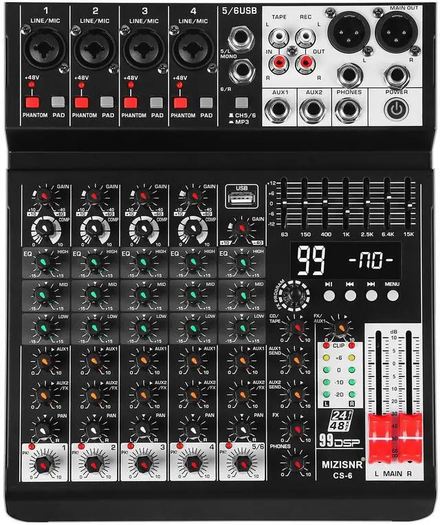 Main image of Audio Mixer 6 Channel Sound Mixer Console, Professional Music Mixing Board DJ Mixer w/ 99 DSP, 7-band EQ, USB, Bluetooth, 48V Phantom Power & PAD Function for Recording PA Live Streaming