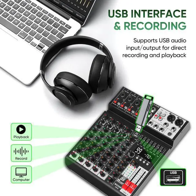 Alt view image 4 of 7 - Audio Mixer 6 Channel Sound Mixer Console, Professional Music Mixing Board DJ Mixer w/ 99 DSP, 7-band EQ, USB, Bluetooth, 48V Phantom Power & PAD Function for Recording PA Live Streaming