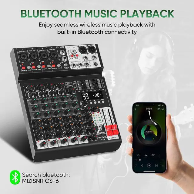 Alt view image 5 of 7 - Audio Mixer 6 Channel Sound Mixer Console, Professional Music Mixing Board DJ Mixer w/ 99 DSP, 7-band EQ, USB, Bluetooth, 48V Phantom Power & PAD Function for Recording PA Live Streaming