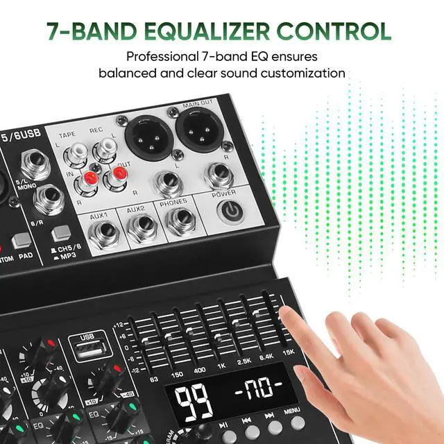Alt view image 3 of 7 - Audio Mixer 6 Channel Sound Mixer Console, Professional Music Mixing Board DJ Mixer w/ 99 DSP, 7-band EQ, USB, Bluetooth, 48V Phantom Power & PAD Function for Recording PA Live Streaming