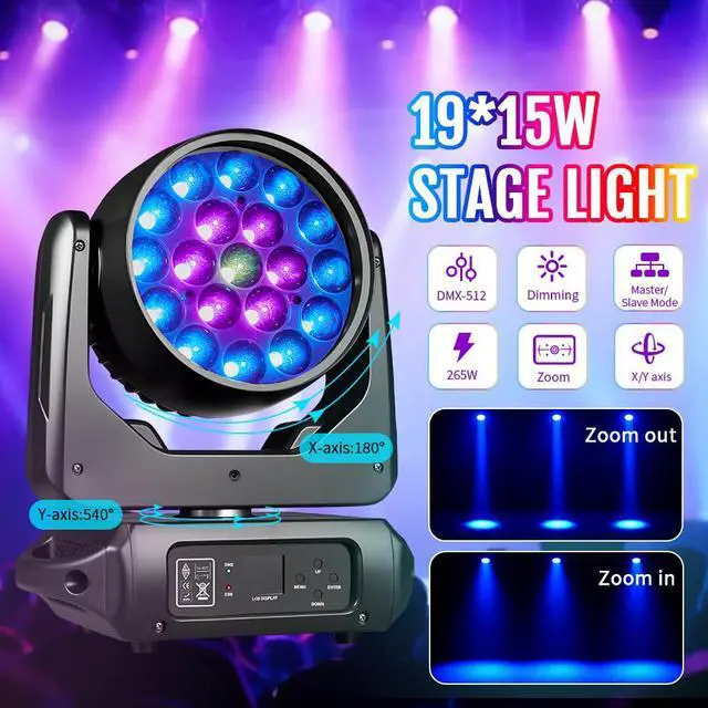 Alt view image 5 of 6 - 19x15W Moving Head Stage Light,RGBW 4-in-1 LED Zoom Beam Wash Strobe Effect,DMX Sound Activated,540° Pan 270° Tilt,Professional DJ Lighting for Club Wedding Party Bar (Luces para) (1Pack=2pcs)