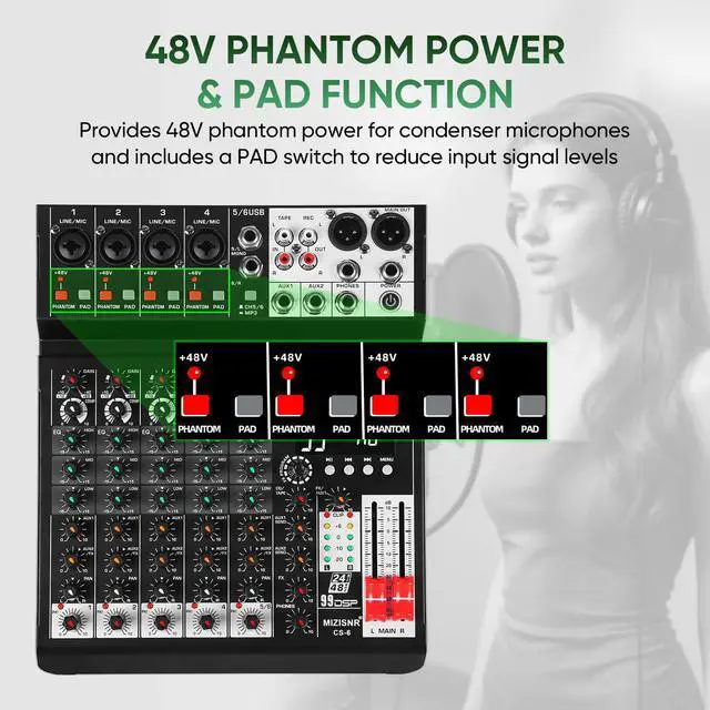 Alt view image 6 of 7 - Audio Mixer 6 Channel Sound Mixer Console, Professional Music Mixing Board DJ Mixer w/ 99 DSP, 7-band EQ, USB, Bluetooth, 48V Phantom Power & PAD Function for Recording PA Live Streaming