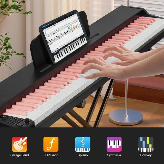 Alt view image 5 of 7 - 88 Key Weighted Keyboard Piano with Sustain Pedal, Power Adapter & Sheet Music Stand - Home Digital Piano, Black Pink (Keyboard Only)