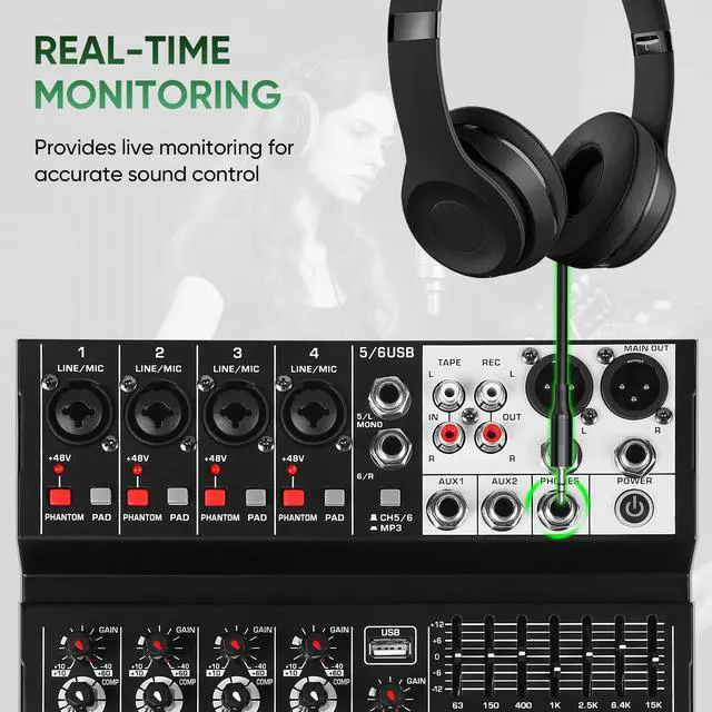 Alt view image 7 of 7 - Audio Mixer 6 Channel Sound Mixer Console, Professional Music Mixing Board DJ Mixer w/ 99 DSP, 7-band EQ, USB, Bluetooth, 48V Phantom Power & PAD Function for Recording PA Live Streaming