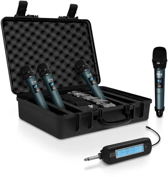 Main image of Portable UHF Band Receiver System, 4 Channel Wireless Microphone System Independent Channel Controls, RF Signal LCD Indicator, Digital Audio Microphone Set with 4 Handheld Microphones