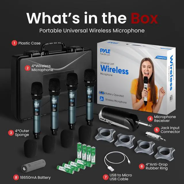 Alt view image 7 of 7 - Portable UHF Band Receiver System, 4 Channel Wireless Microphone System Independent Channel Controls, RF Signal LCD Indicator, Digital Audio Microphone Set with 4 Handheld Microphones