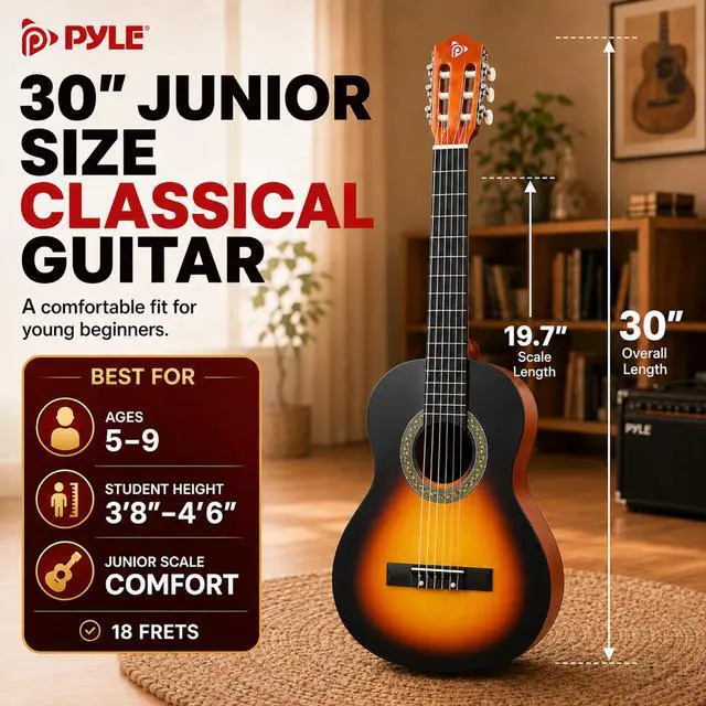 Alt view image 3 of 6 - Beginner Acoustic Guitar Kit, 1/4 Junior Size All Wood Instrument for Kids, Adults, 30" Sunburst Teardrop Matte