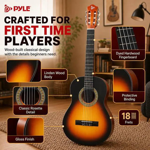 Alt view image 5 of 6 - Beginner Acoustic Guitar Kit, 1/4 Junior Size All Wood Instrument for Kids, Adults, 30" Sunburst Teardrop Matte