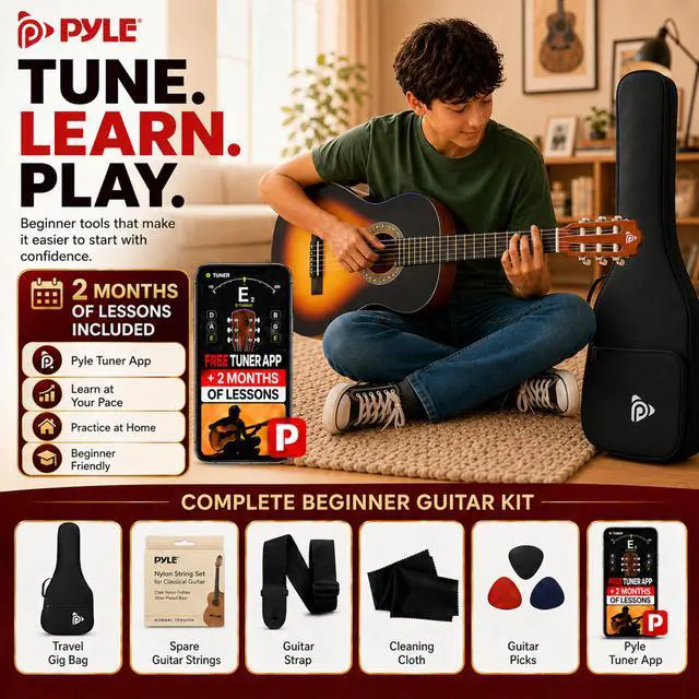 Alt view image 6 of 6 - Beginner Acoustic Guitar Kit, 1/4 Junior Size All Wood Instrument for Kids, Adults, 30" Sunburst Teardrop Matte