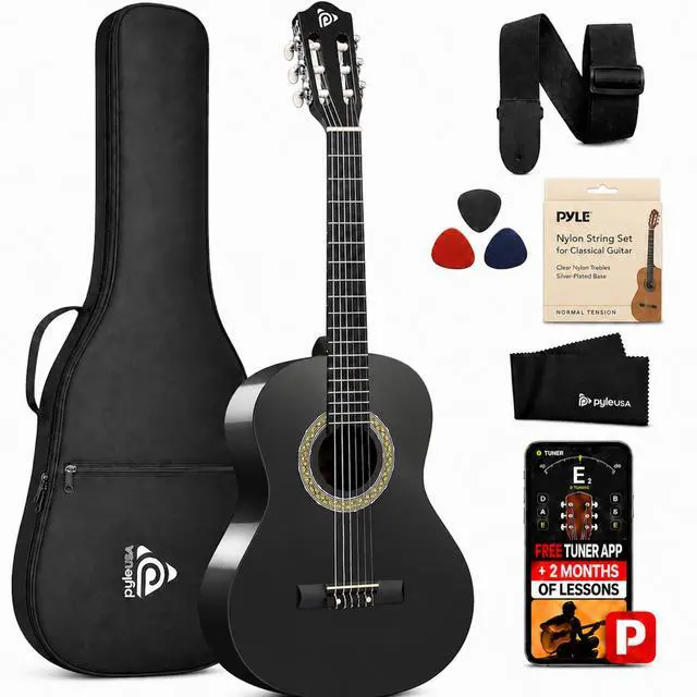 Main image of 30-Inch Beginner Acoustic Guitar Kit, 1/4 Size Junior Classical Nylon String Guitar for Kids and Adults, Includes Gig Bag, Strap, Spare Strings, Picks, Cleaning Cloth, 18 Frets, Black, Matte