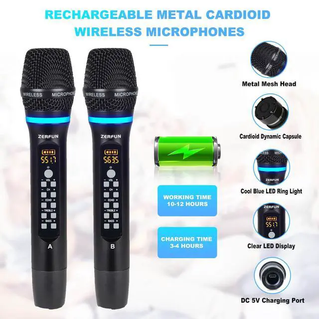 Alt view image 3 of 7 - 4 Channel Rechargeable Wireless Microphone System, Pro UHF Metal Handheld Wireless Microphones Cordless Mics with Echo Treble BASS VOL Channel Control for Karaoke Singing Church(GT-200)